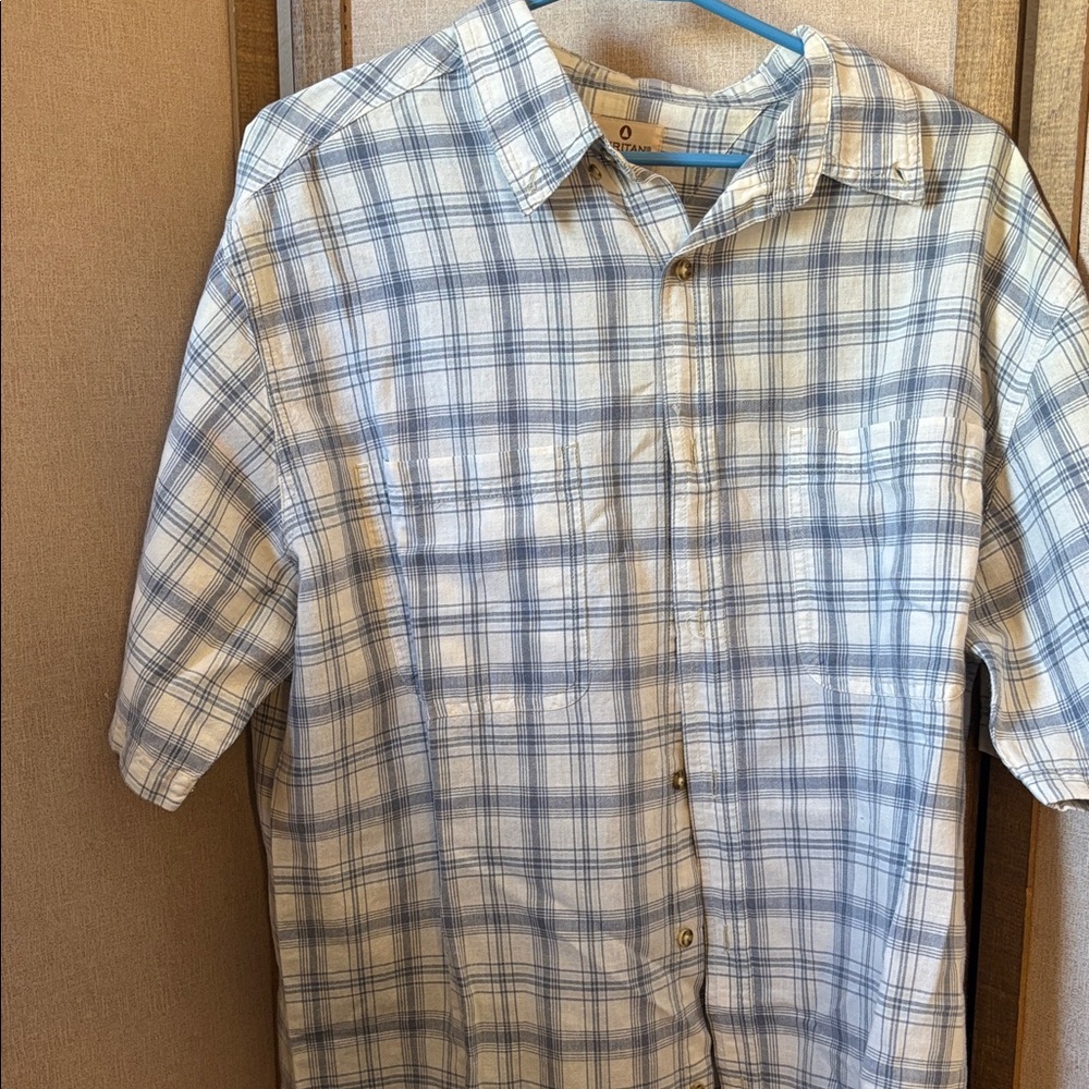 Puritan Men's Short-Sleeve Plaid Button-Down Shirt - Blue & White Large